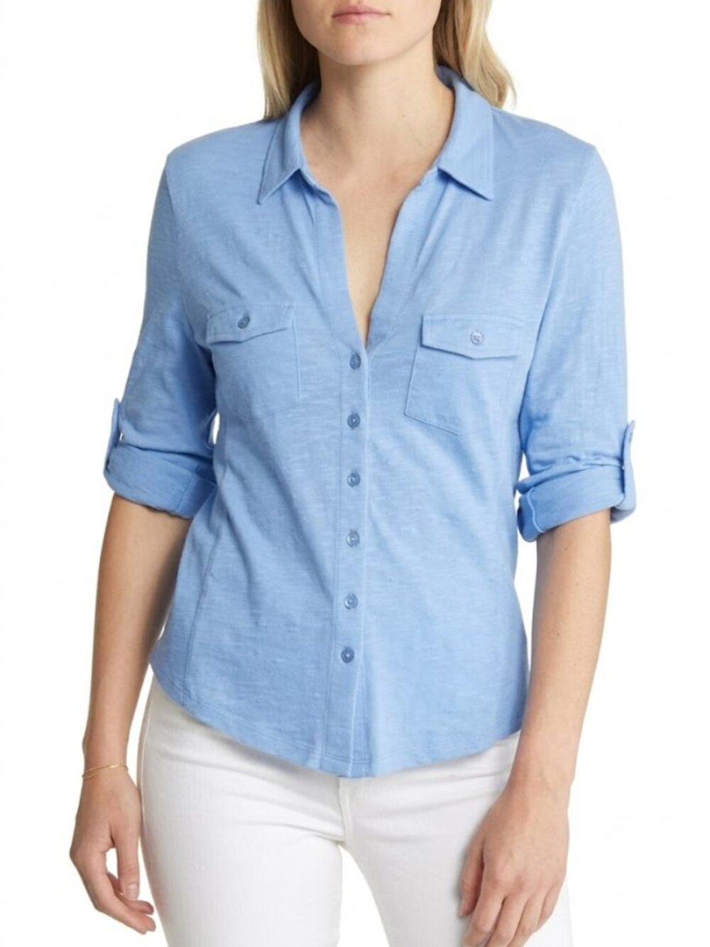 Caslon Button-Up Shirt Slub Cotton Blend Rolled Sleeves Size 3X